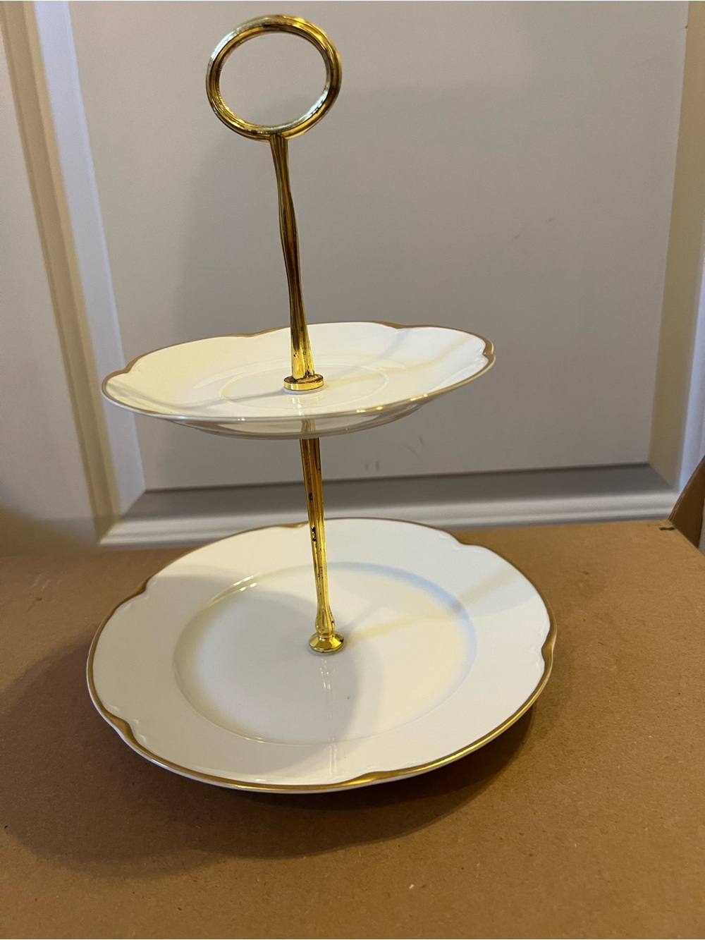 White and Gold Tone Two-Tier Porcelain Serving Stand